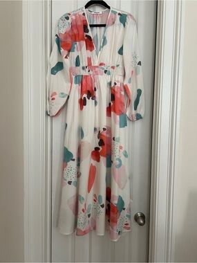 Floral Watercolor V-Neck Midi Dress in White with Coral & Teal